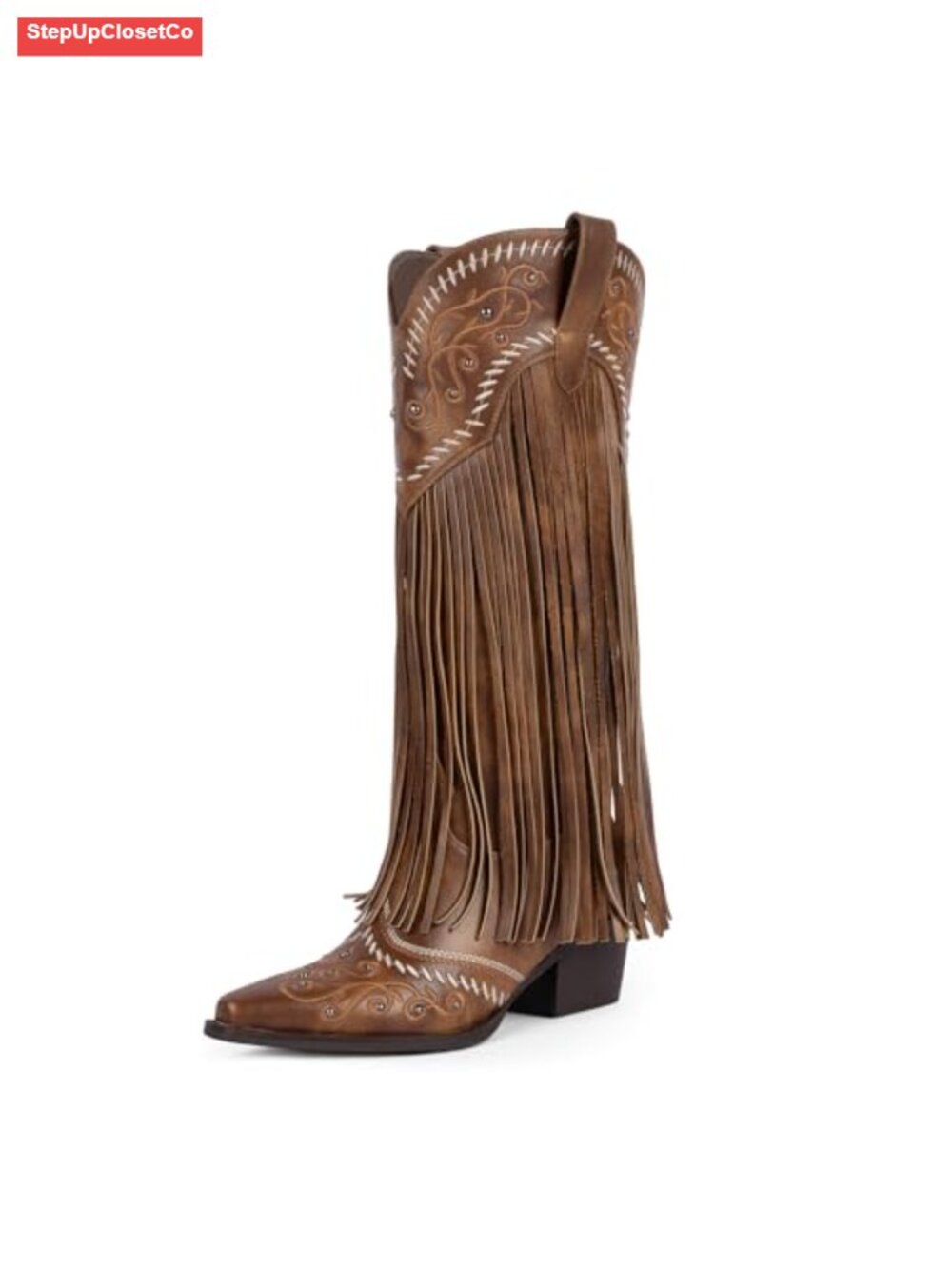 Faux Leather Knee High Cowboy Boots Pointed Toe Fringe Western